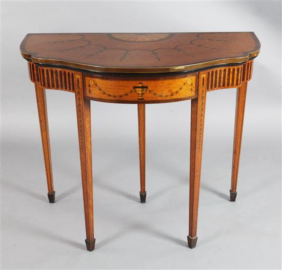 A James Shoolbred Sheraton Revival marquetry inlaid satinwood card table, W.3ft D.1ft 6.5in H.2ft 7in.
